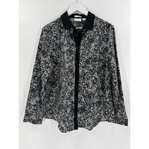 Chicos Button Up Blouse Womens Large Black White Floral Long Sleeves 100% Cotton